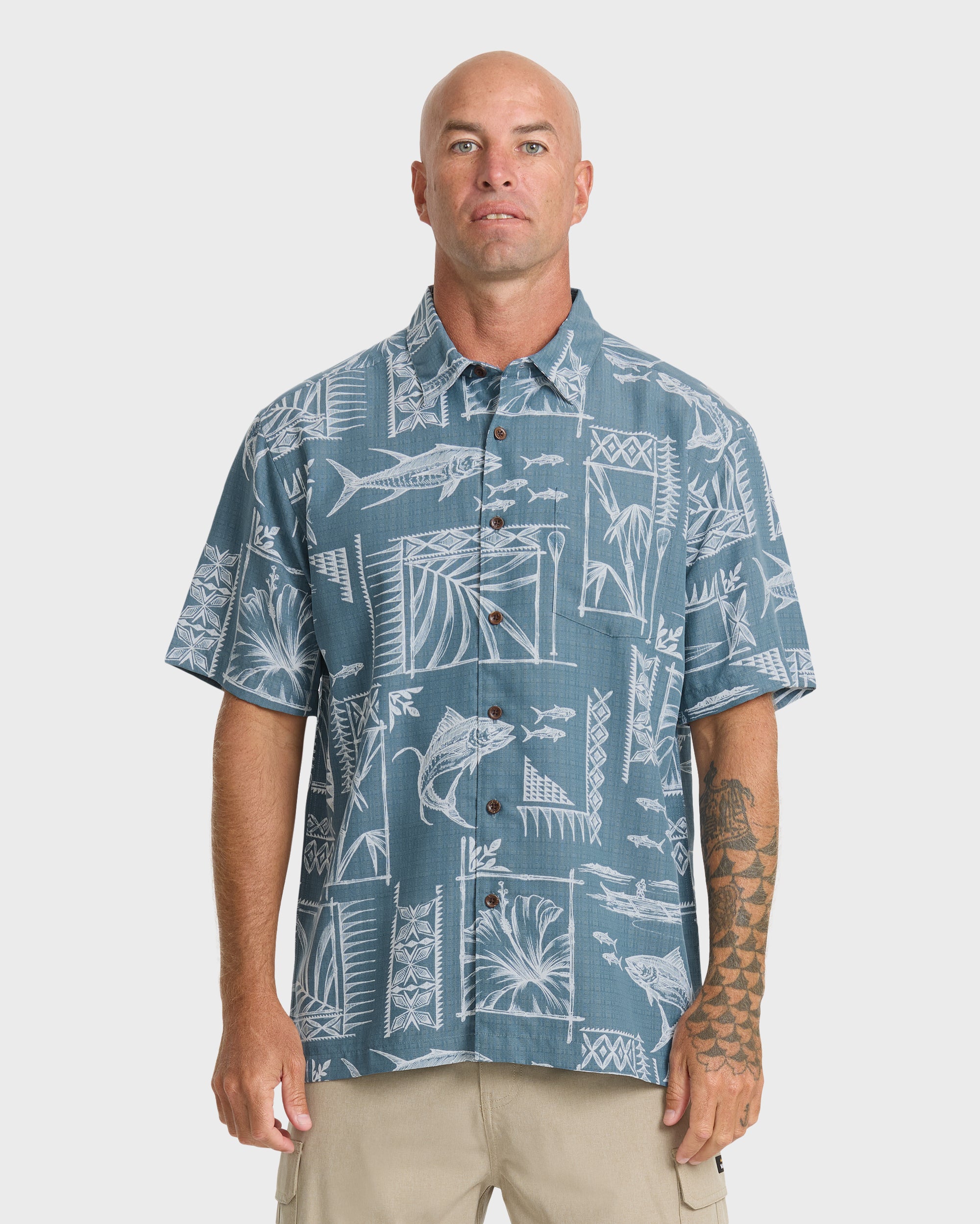 【WAFU】High Scream Center パジャマシャツ Waterman Paradise Bay Short Sleeve Woven Shirt - Real Teal