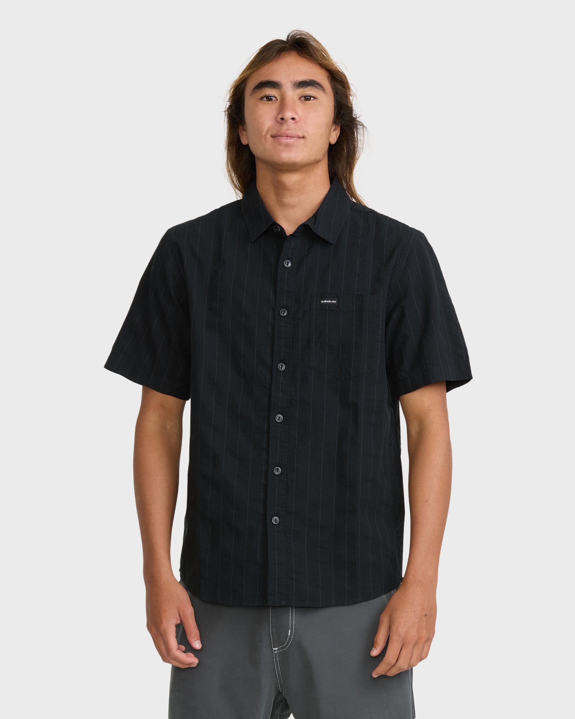 Dobby Stripe Classic Short Sleeve Seersucker Shirt - Anthracite