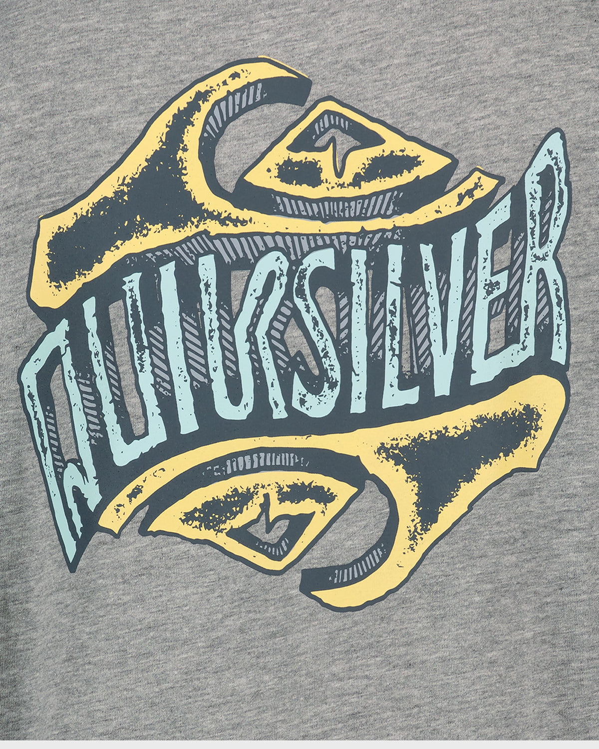 Gray t-shirt with a yellow and blue Quiksilver logo.