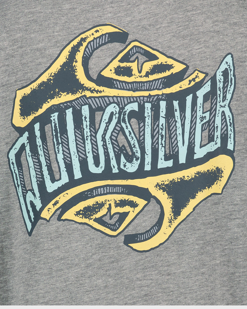 Gray t-shirt with a yellow and blue Quiksilver logo.