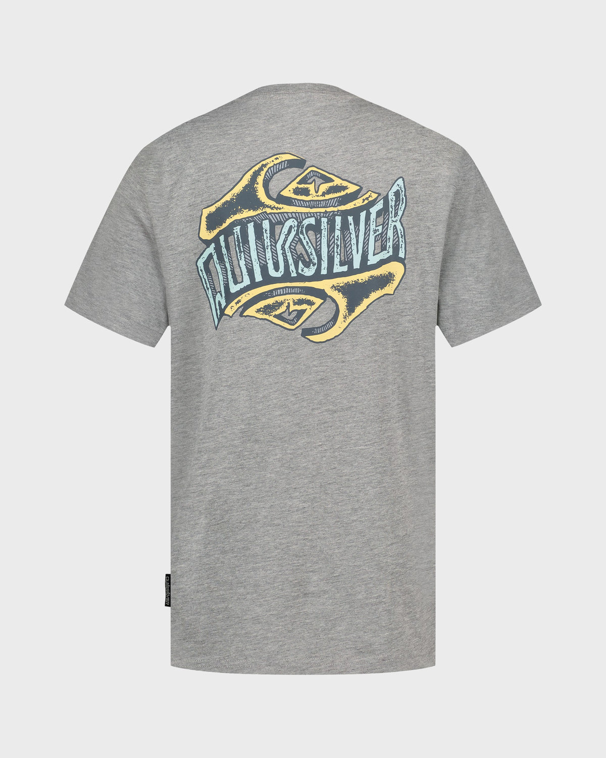 Gray t-shirt with Quicksilver logo on the back against a light gray background