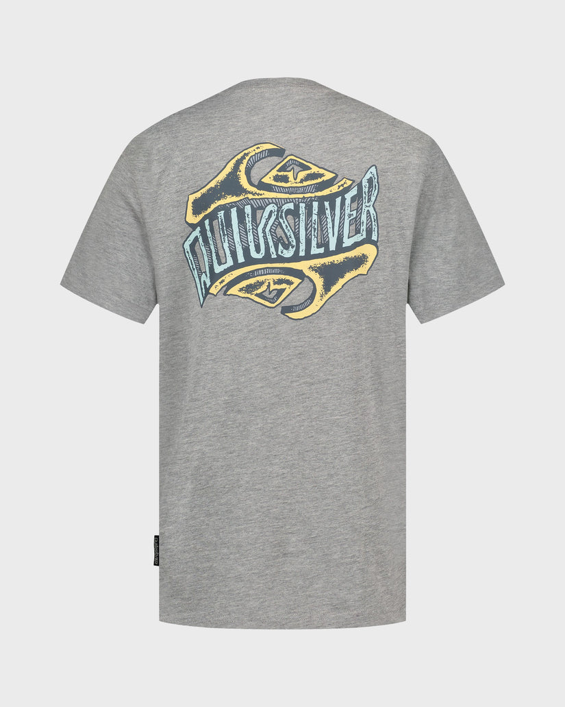 Gray t-shirt with Quicksilver logo on the back against a light gray background
