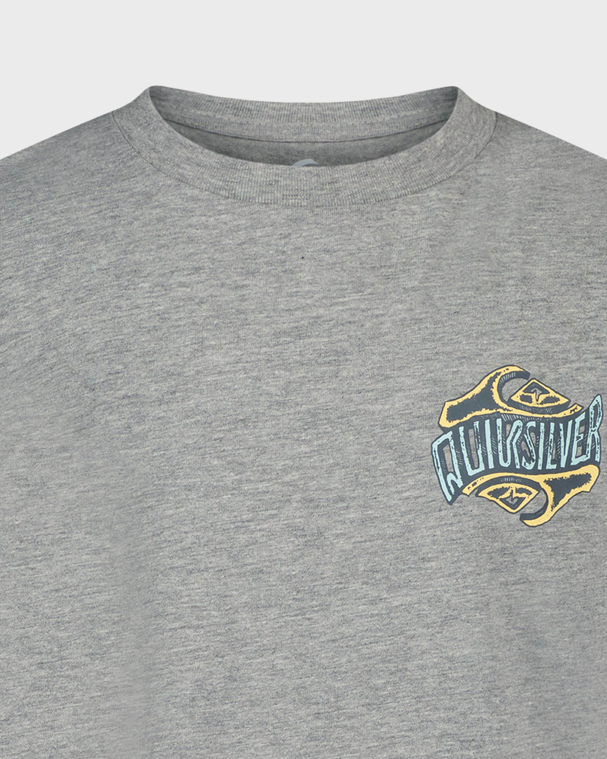 Gray t-shirt with a Quiksilver logo on a white background