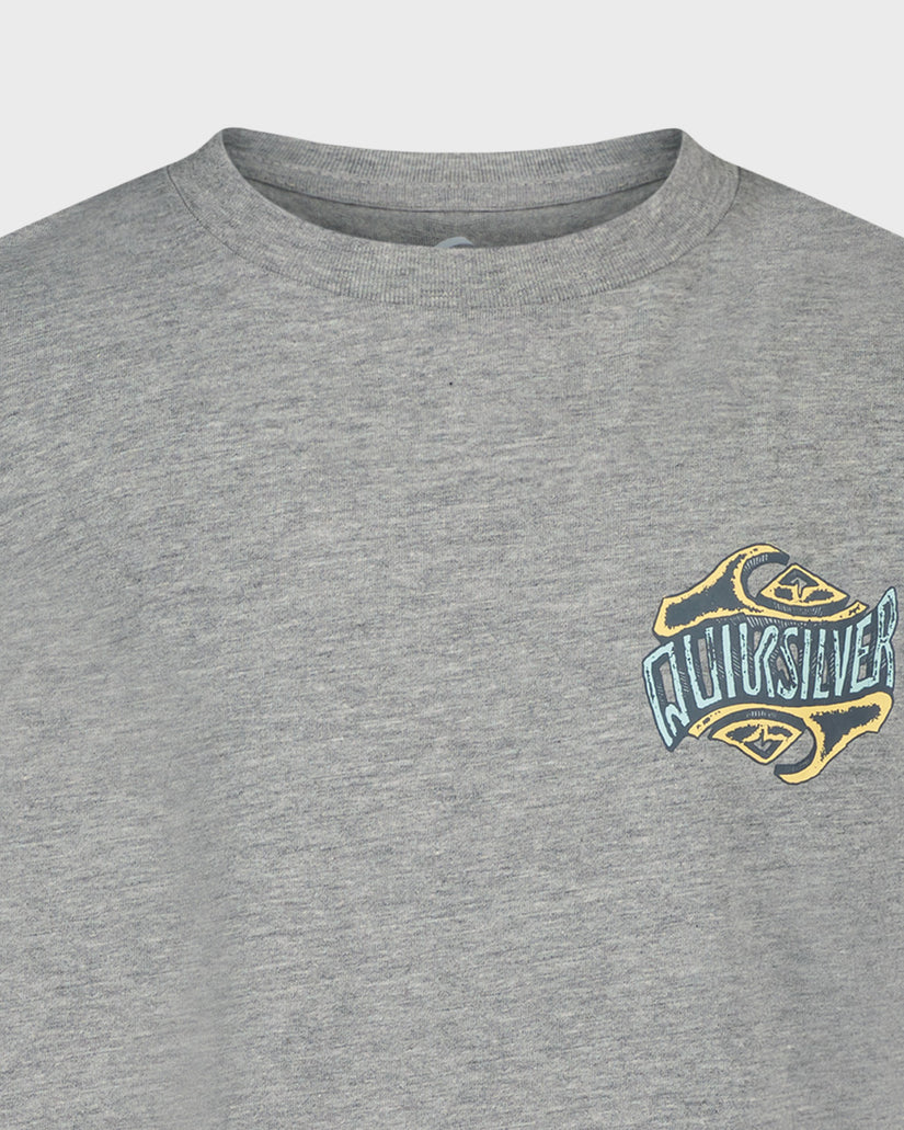 Gray t-shirt with a Quiksilver logo on a white background