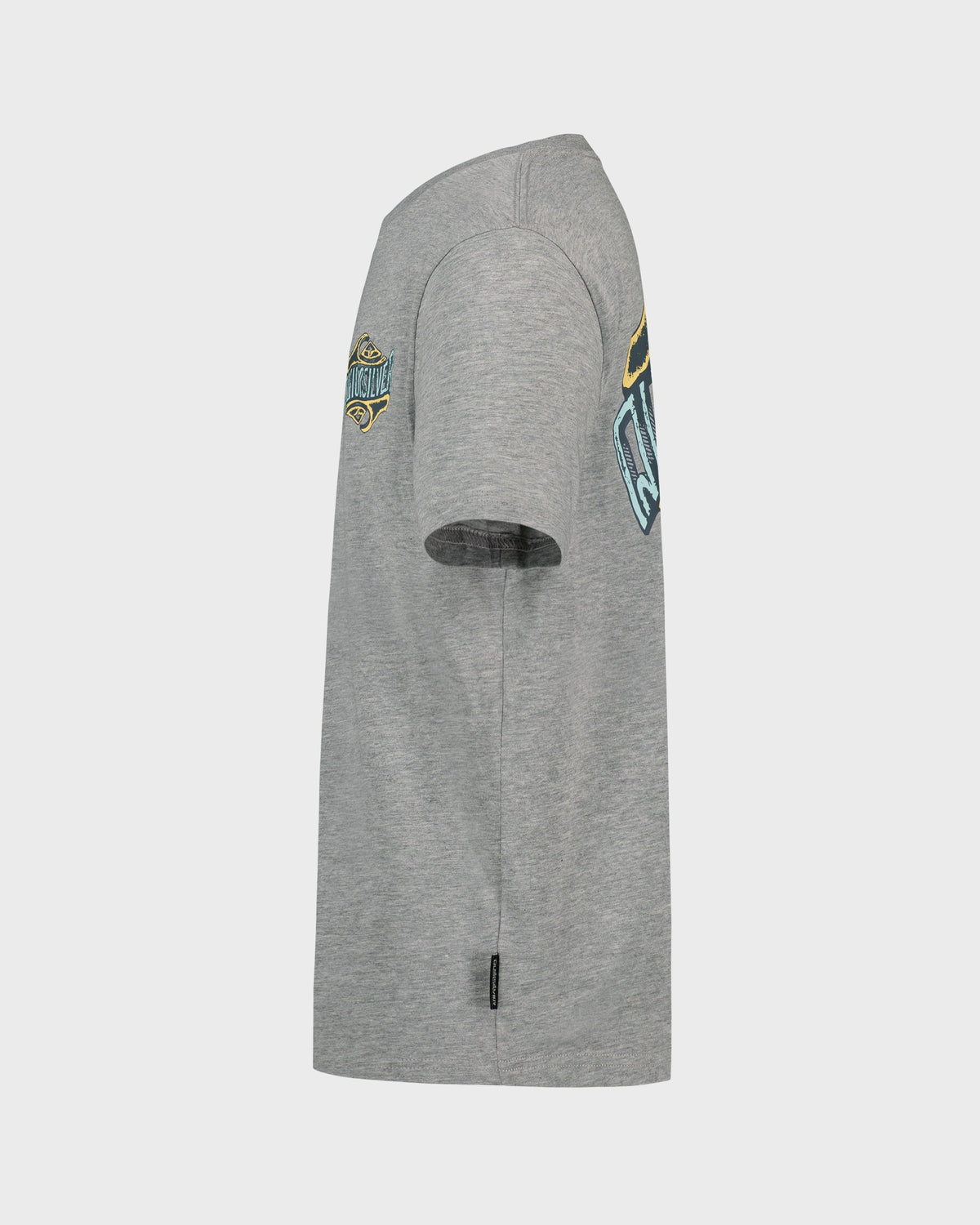 Gray sweatshirt with patches on sleeves against a white background
