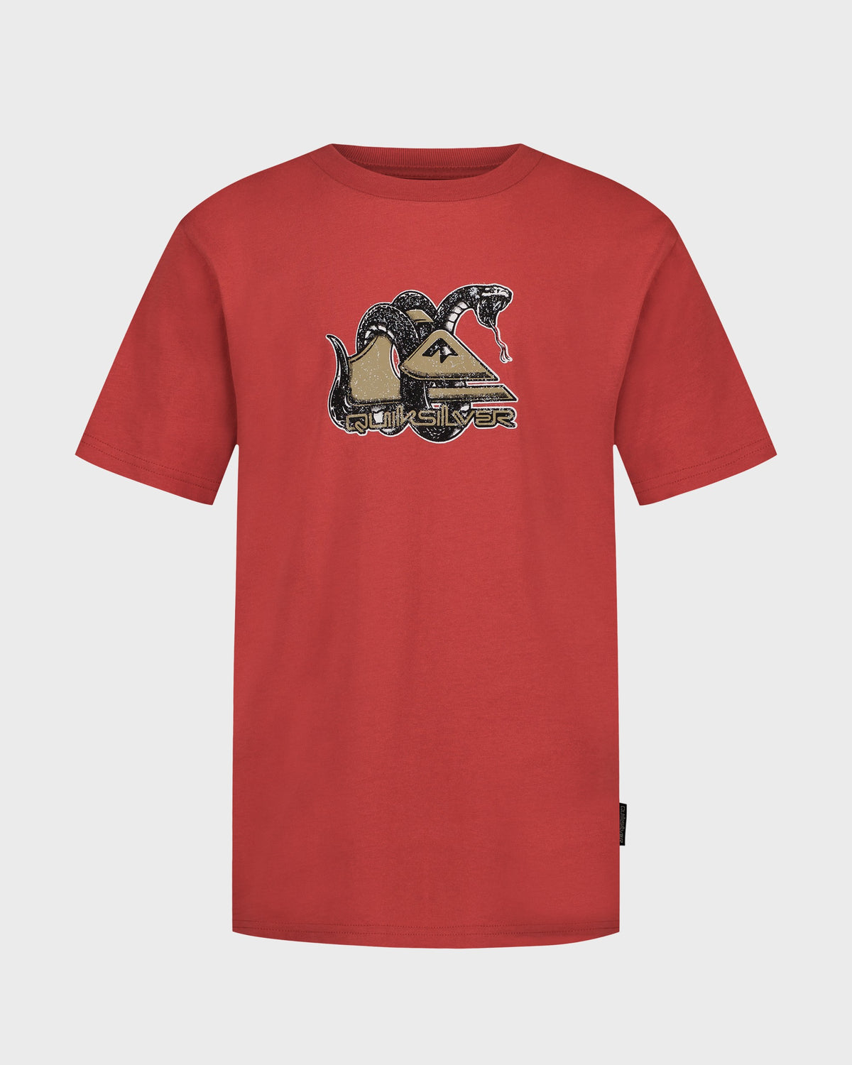 Red t-shirt with a graphic design on a light gray background