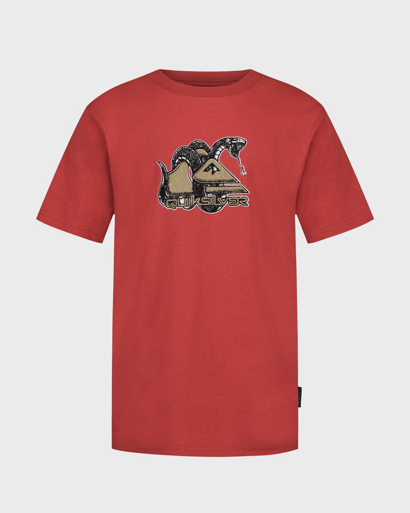 Red t-shirt with a graphic design on a light gray background