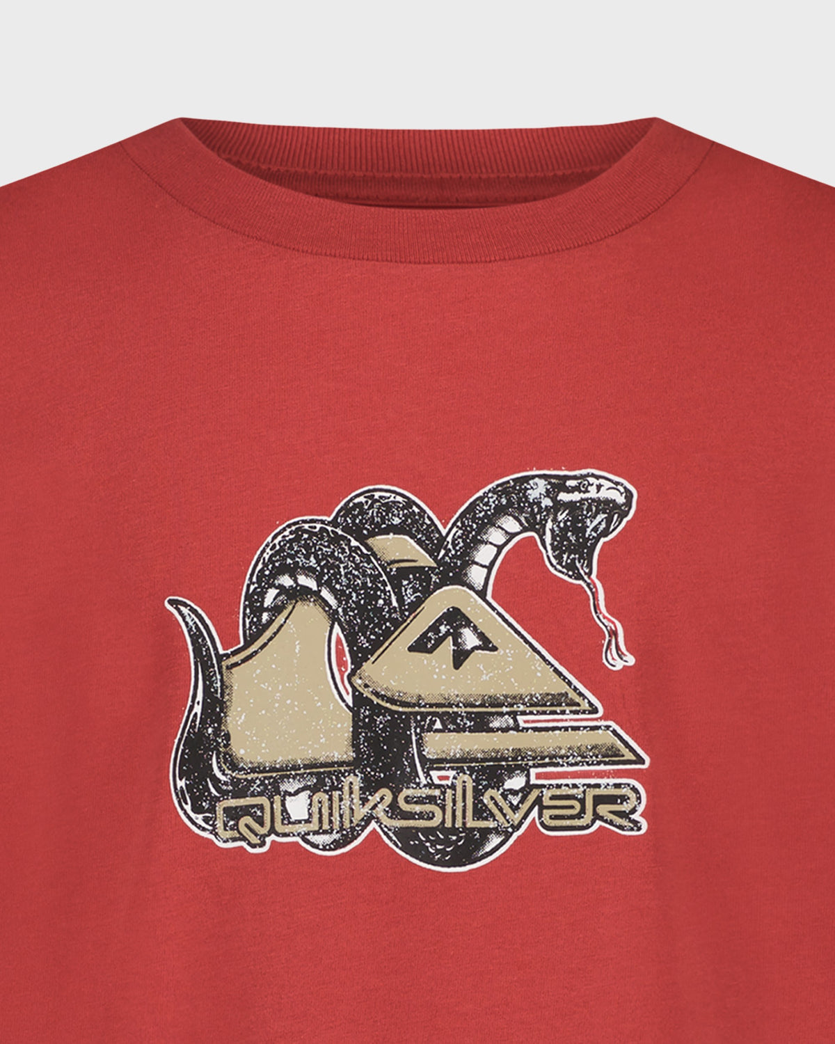 Red t-shirt with a snake and pyramid graphic and 'Quiksilver' branding on a light gray background.