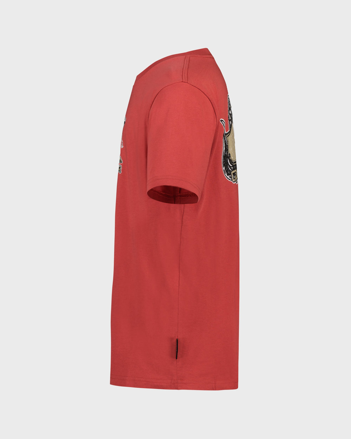 Red t-shirt with sleeve design on a light gray background