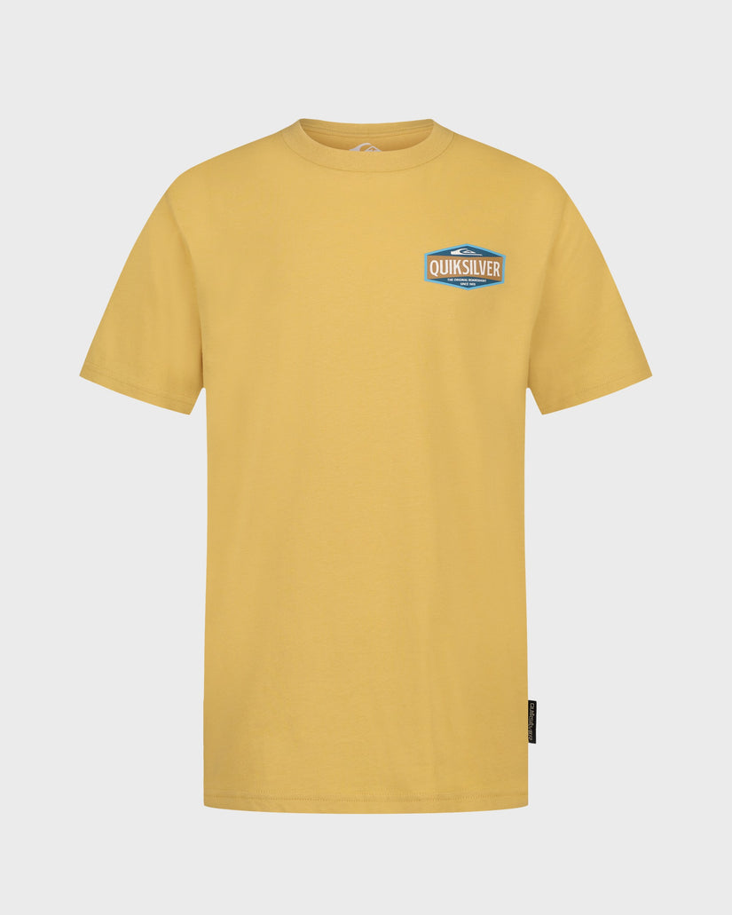 Yellow t-shirt with a logo on a white background
