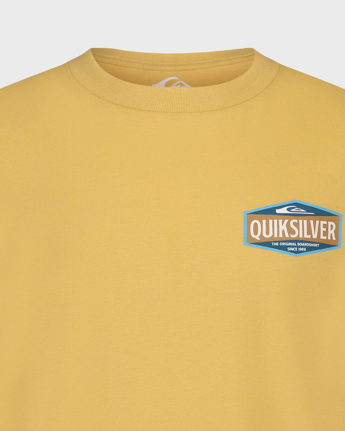 Yellow sweatshirt with Quiksilver logo on a light gray background