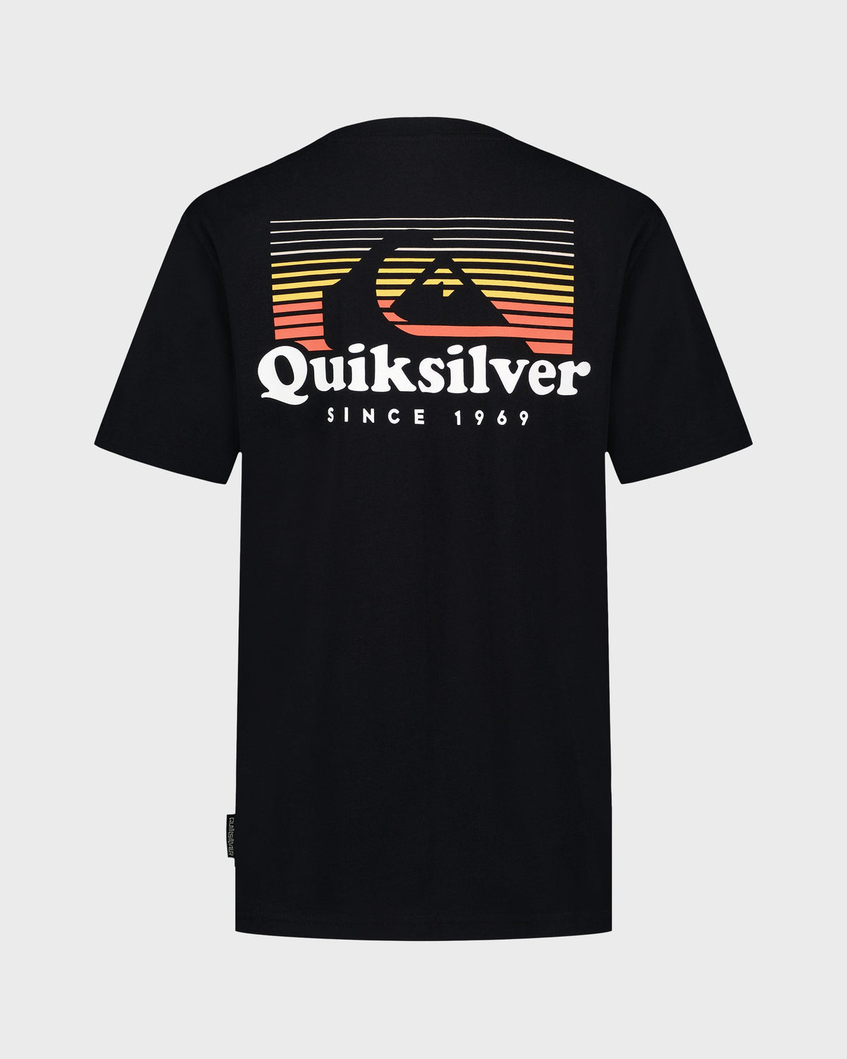 Black Quiksilver t-shirt with colorful graphic on a white background