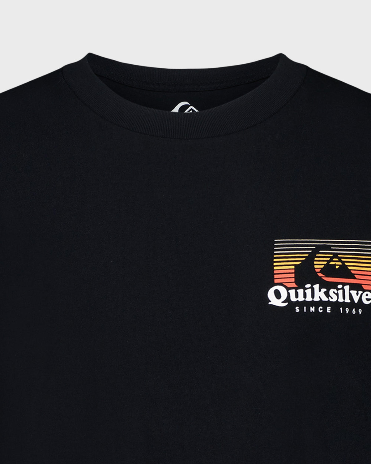 Black t-shirt with Quiksilver logo and design on a light gray background