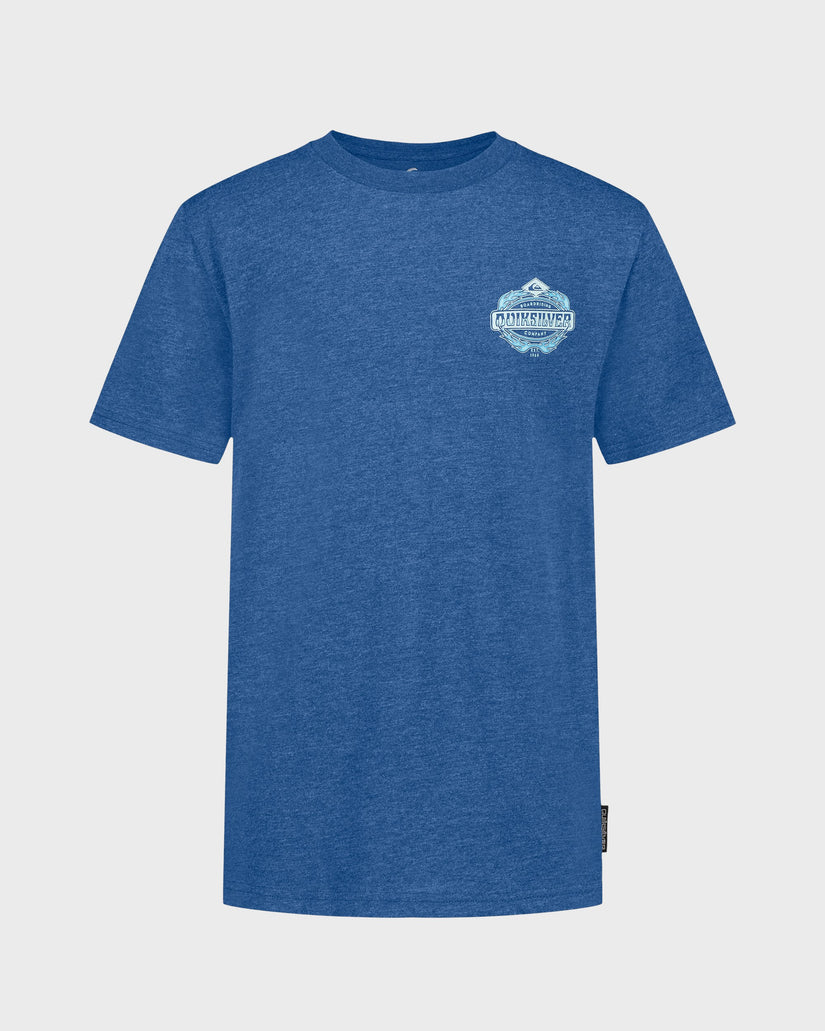 Blue heather crewneck T-shirt with chest graphic logo.