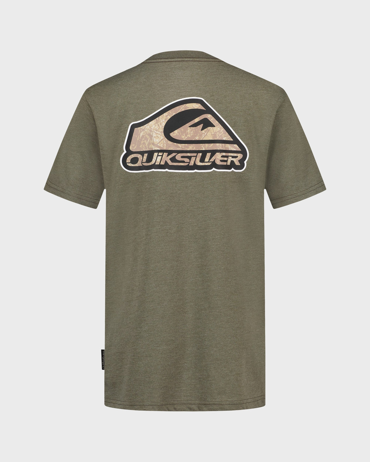 Green Quiksilver t-shirt with logo on a light gray background