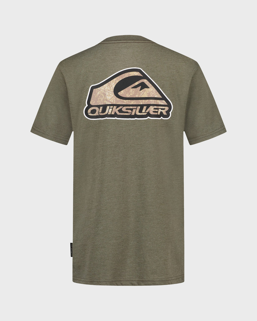 Green Quiksilver t-shirt with logo on a light gray background
