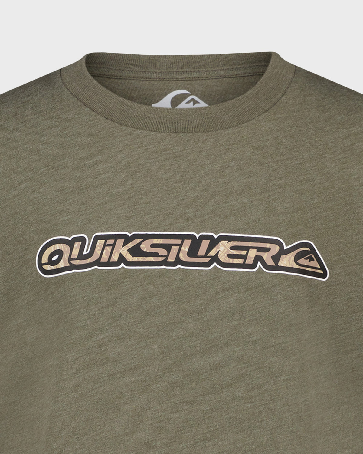 Green t-shirt with Quiksilver logo on a light gray background
