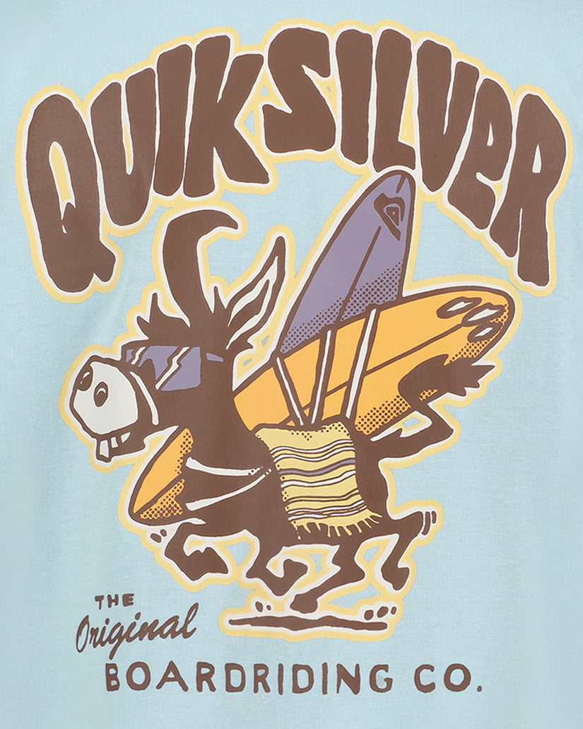 Quiksilver logo with a donkey holding a surfboard on a light blue background