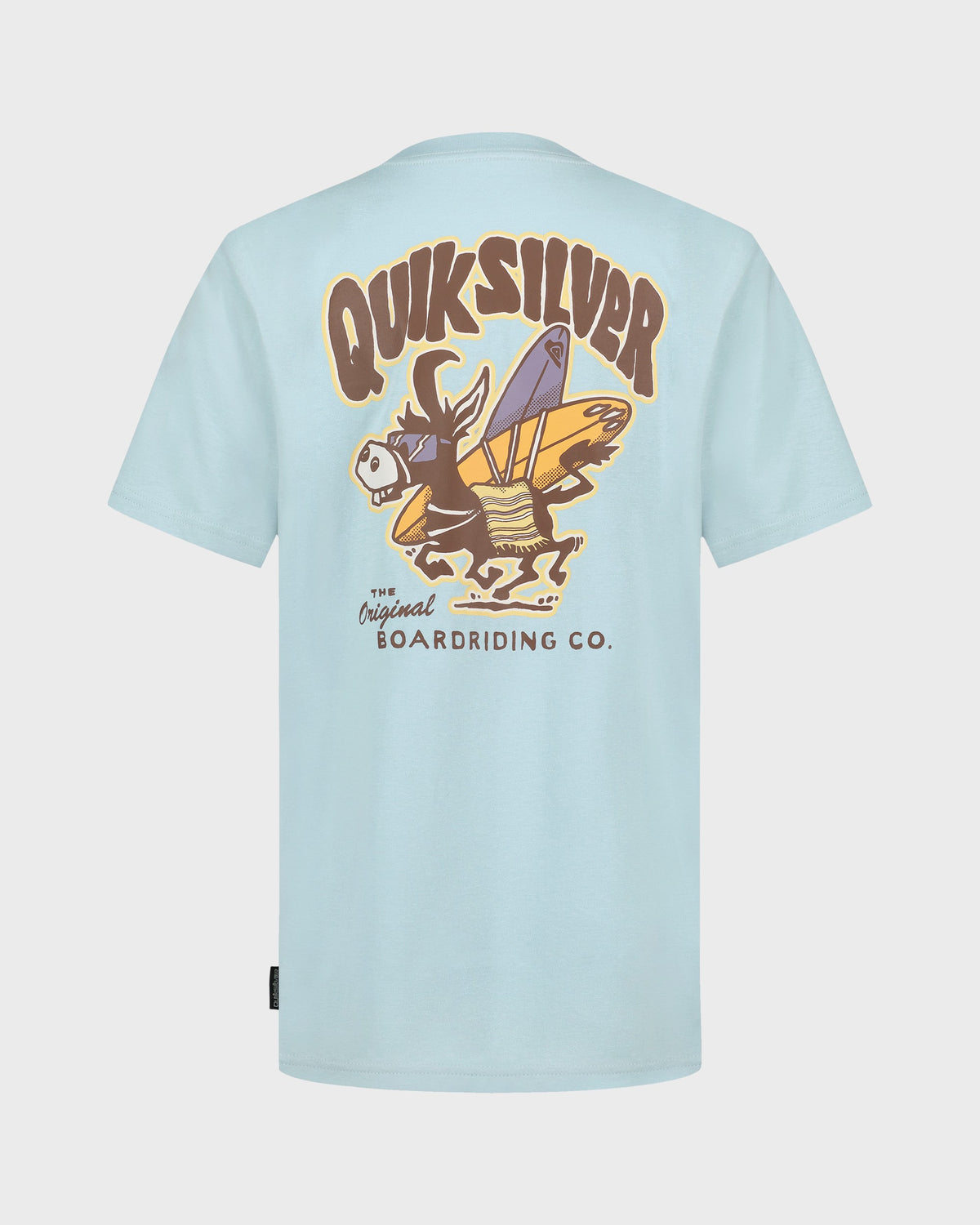 Light blue t-shirt with Quiksilver logo and graphic design on a white background