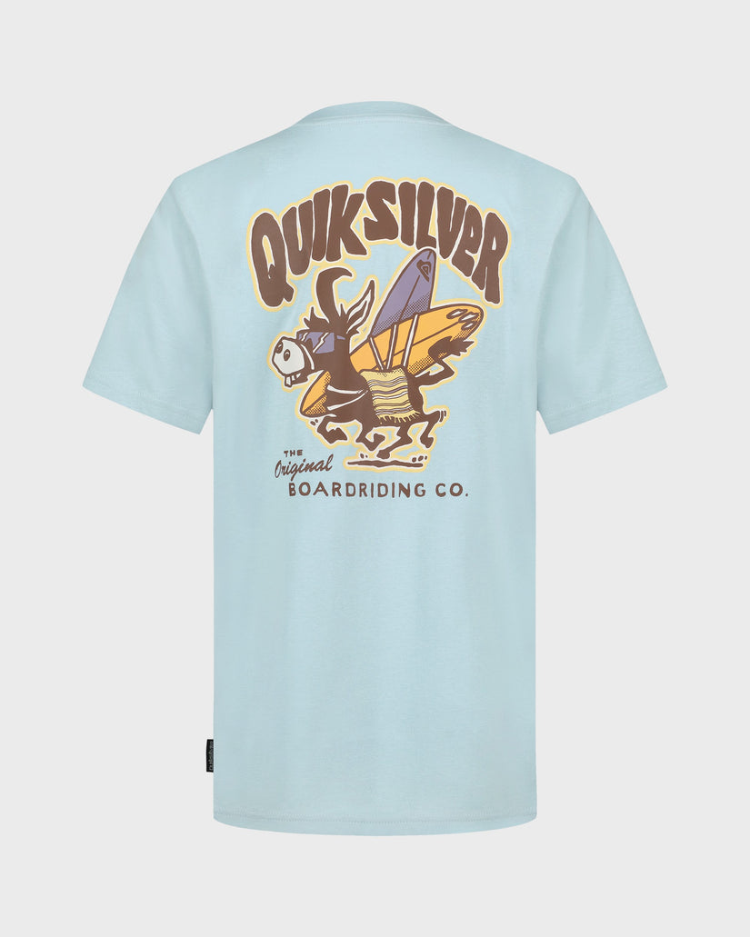 Light blue t-shirt with Quiksilver logo and graphic design on a white background