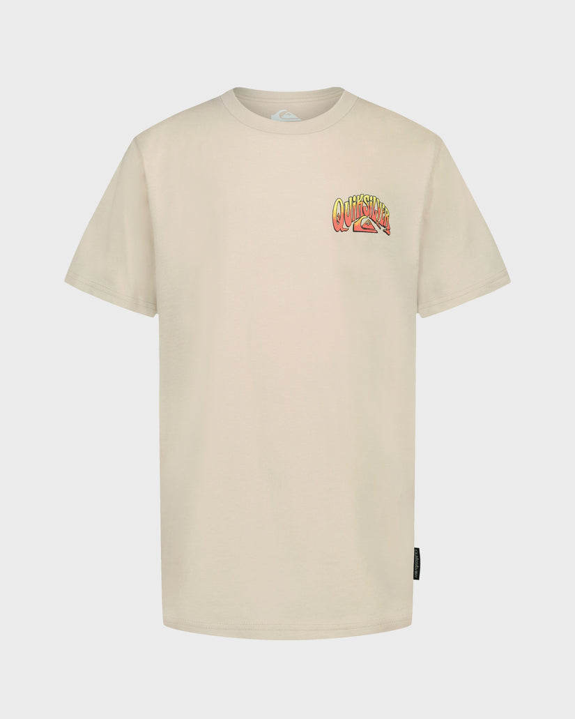 Beige t-shirt with a colorful graphic on a light gray background