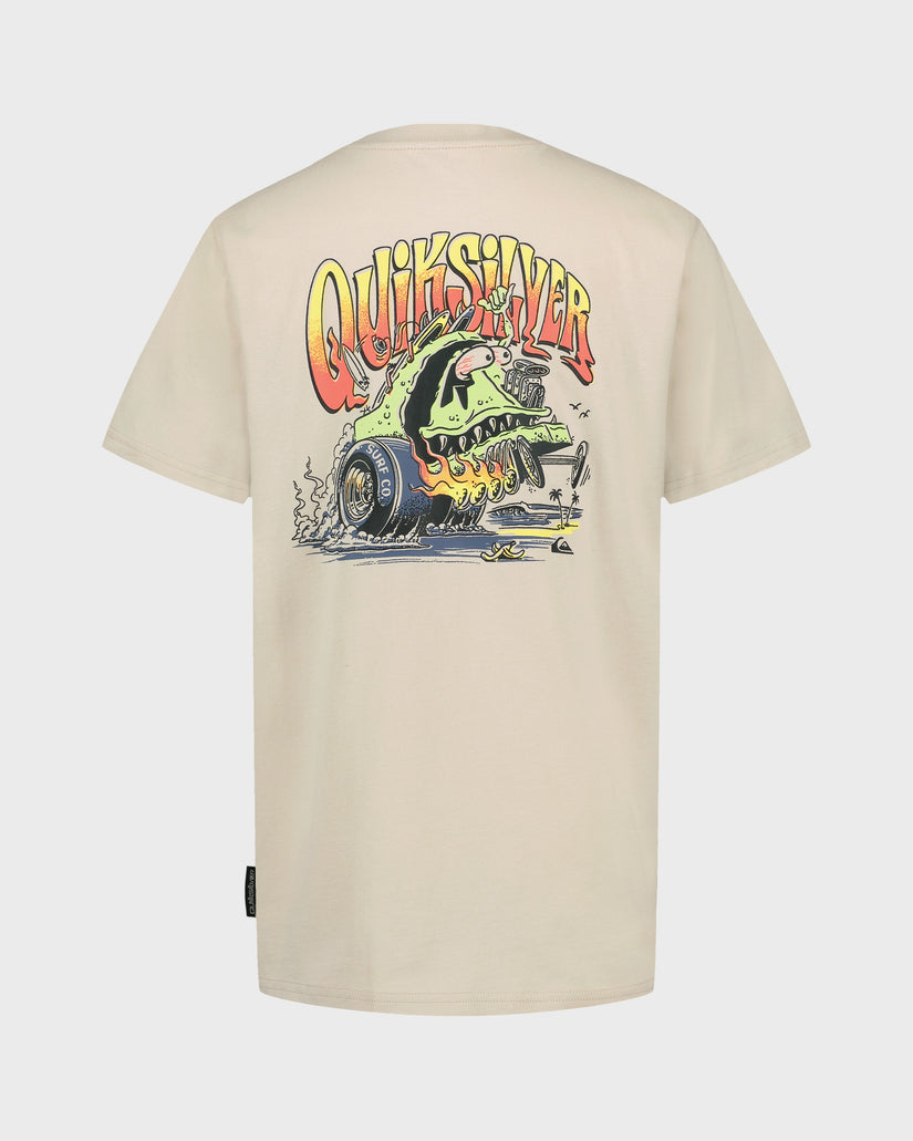 Beige t-shirt with a colorful graphic and 'Quiksilver' branding on a white background