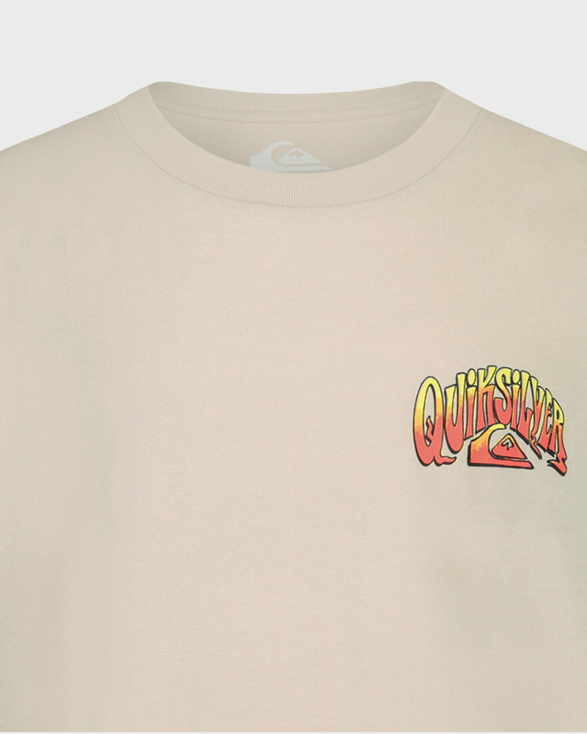 Beige t-shirt with Quiksilver logo on a light gray background