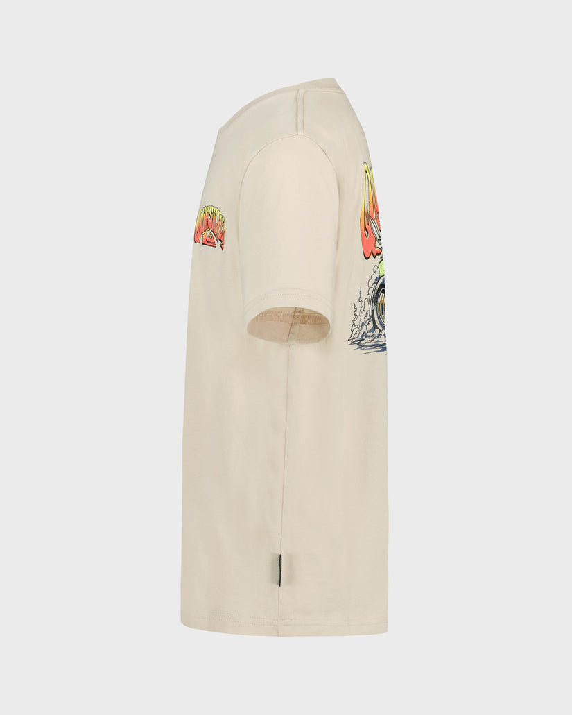 Beige coat with colorful graphic design on a white background