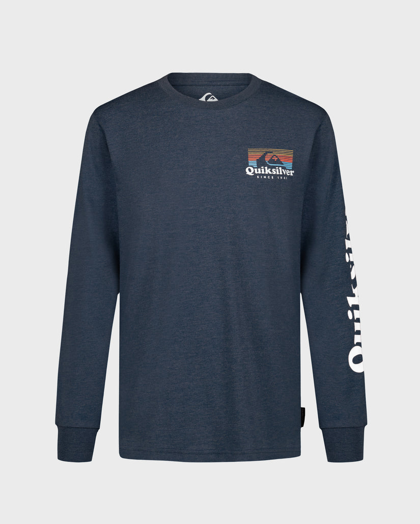 Navy blue long-sleeve shirt with Quiksilver logo and branding on a light gray background