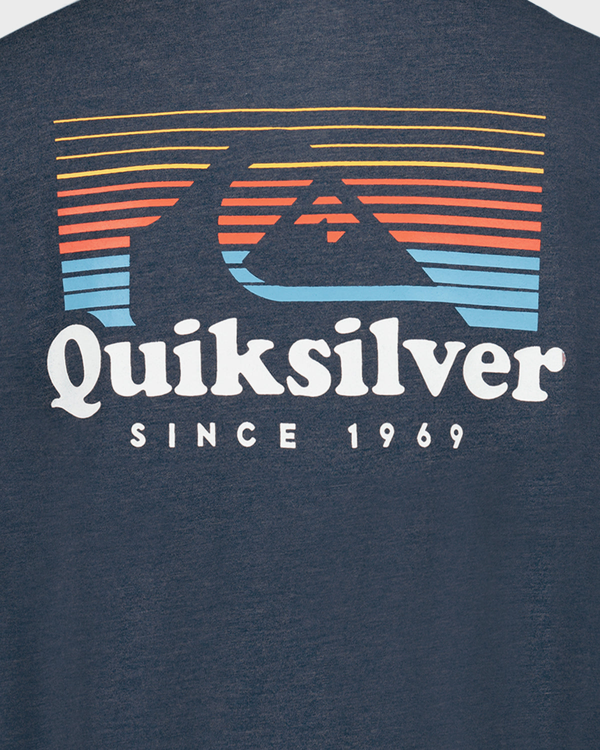 Quiksilver logo on a dark blue t-shirt with colorful design