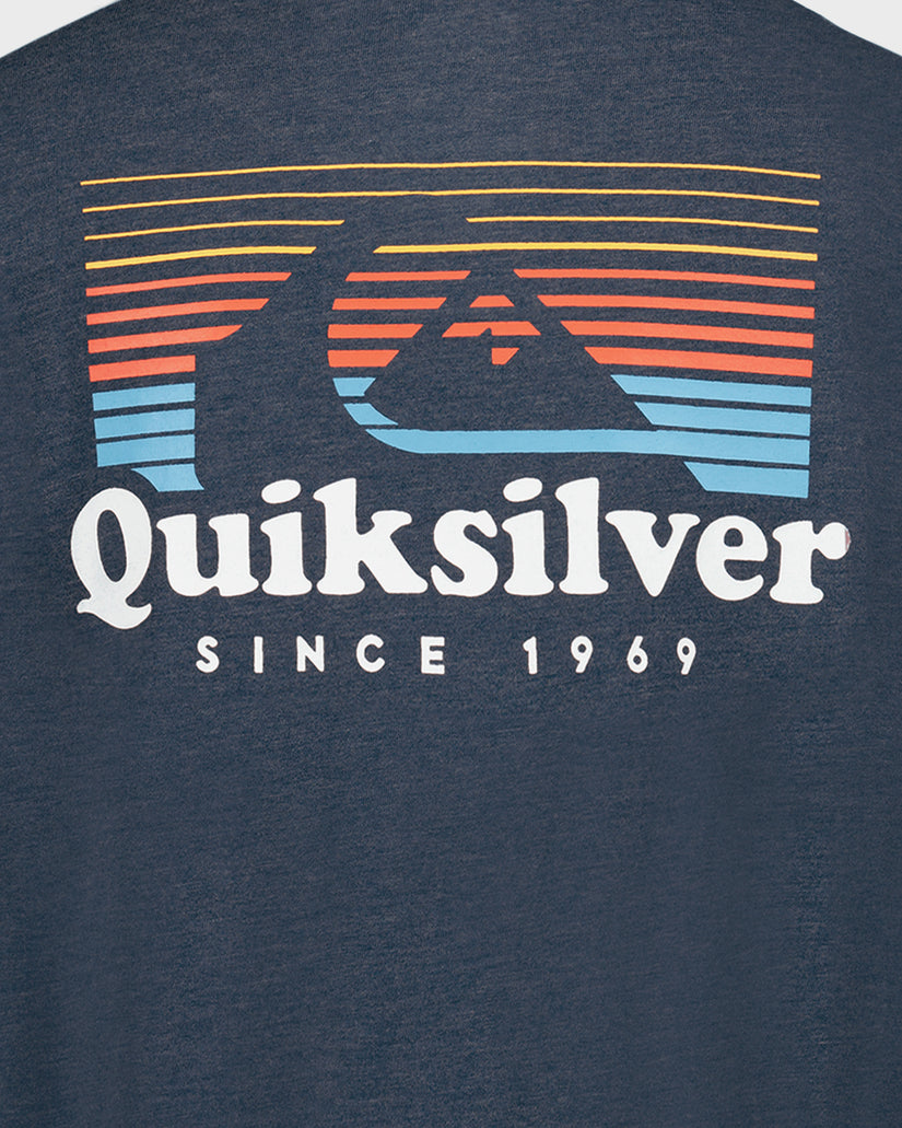Quiksilver logo on a dark blue t-shirt with colorful design