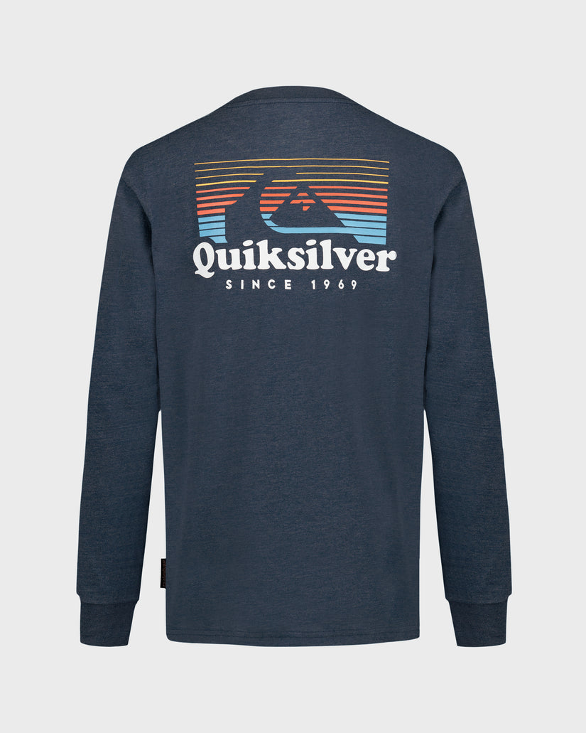 Navy blue long-sleeve shirt with Quiksilver logo on a light gray background