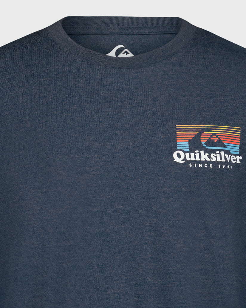 Navy blue t-shirt with Quiksilver logo and design on a light gray background