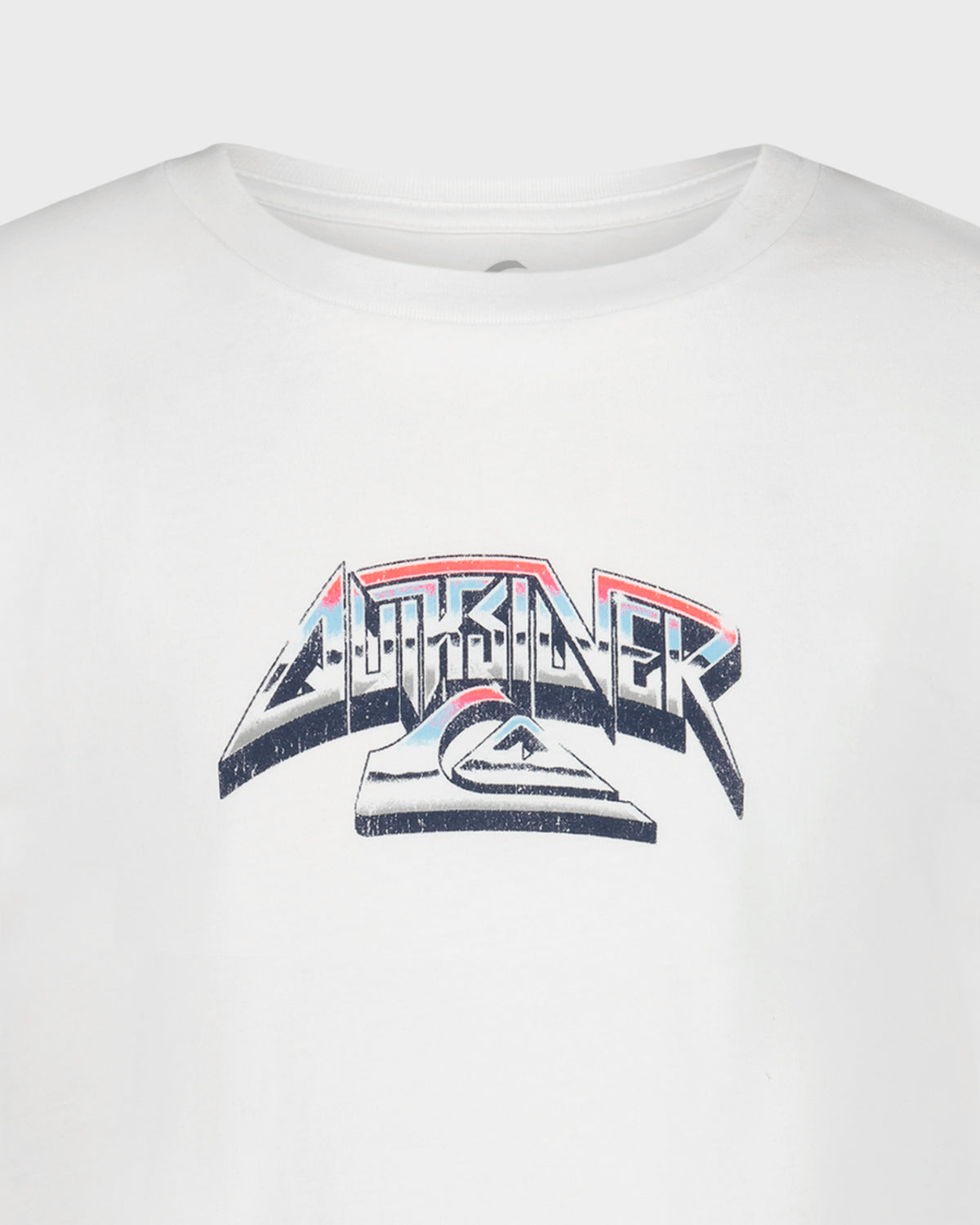 White t-shirt with a colorful logo on a white background
