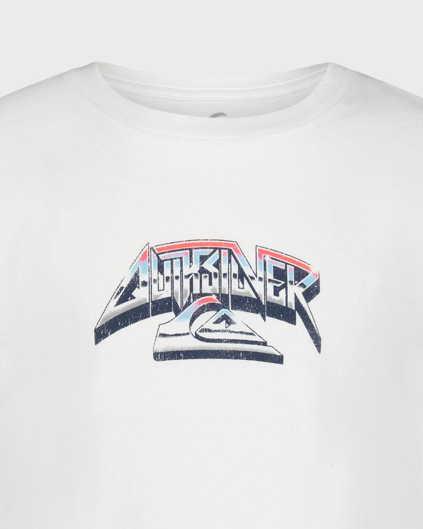 White t-shirt with a colorful logo on a white background