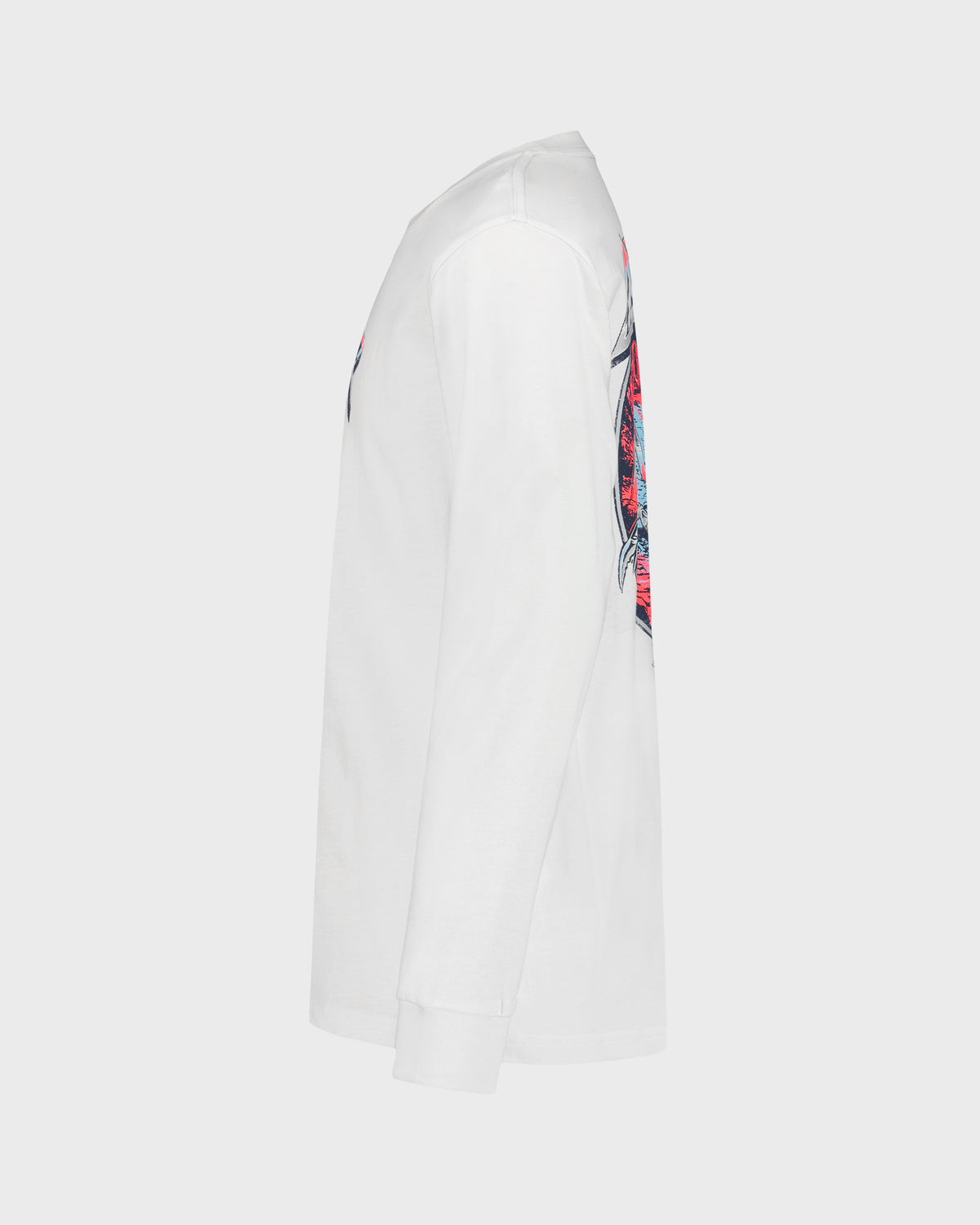 White long-sleeve shirt with colorful graphic on a light gray background