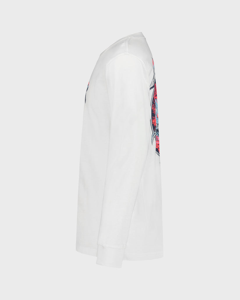 White long-sleeve shirt with colorful graphic on a light gray background