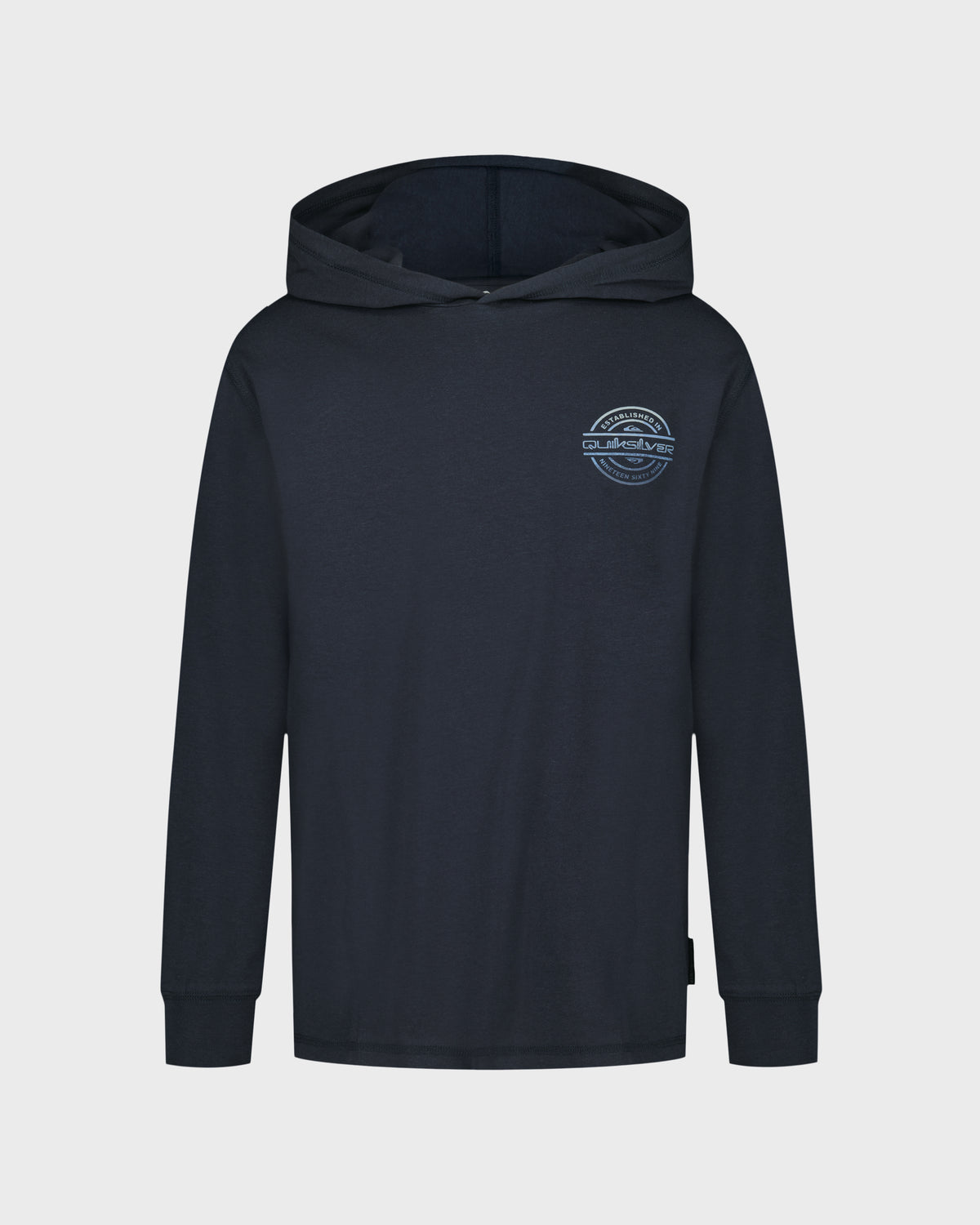 Black hoodie with a logo on the chest against a light gray background