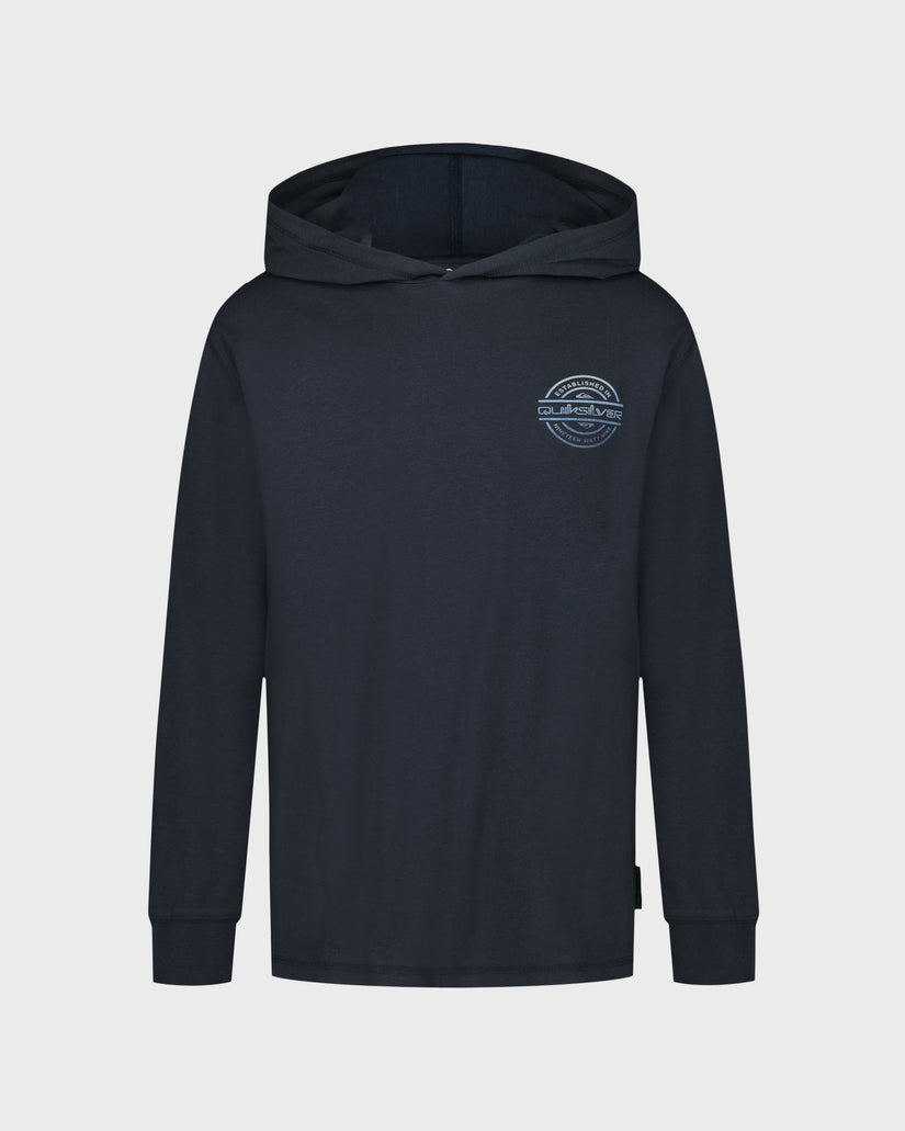 Black hoodie with a logo on the chest against a light gray background