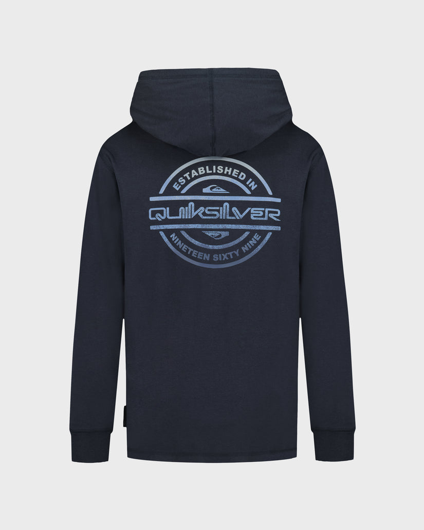 Black hoodie with Quiksilver logo on the back against a light gray background