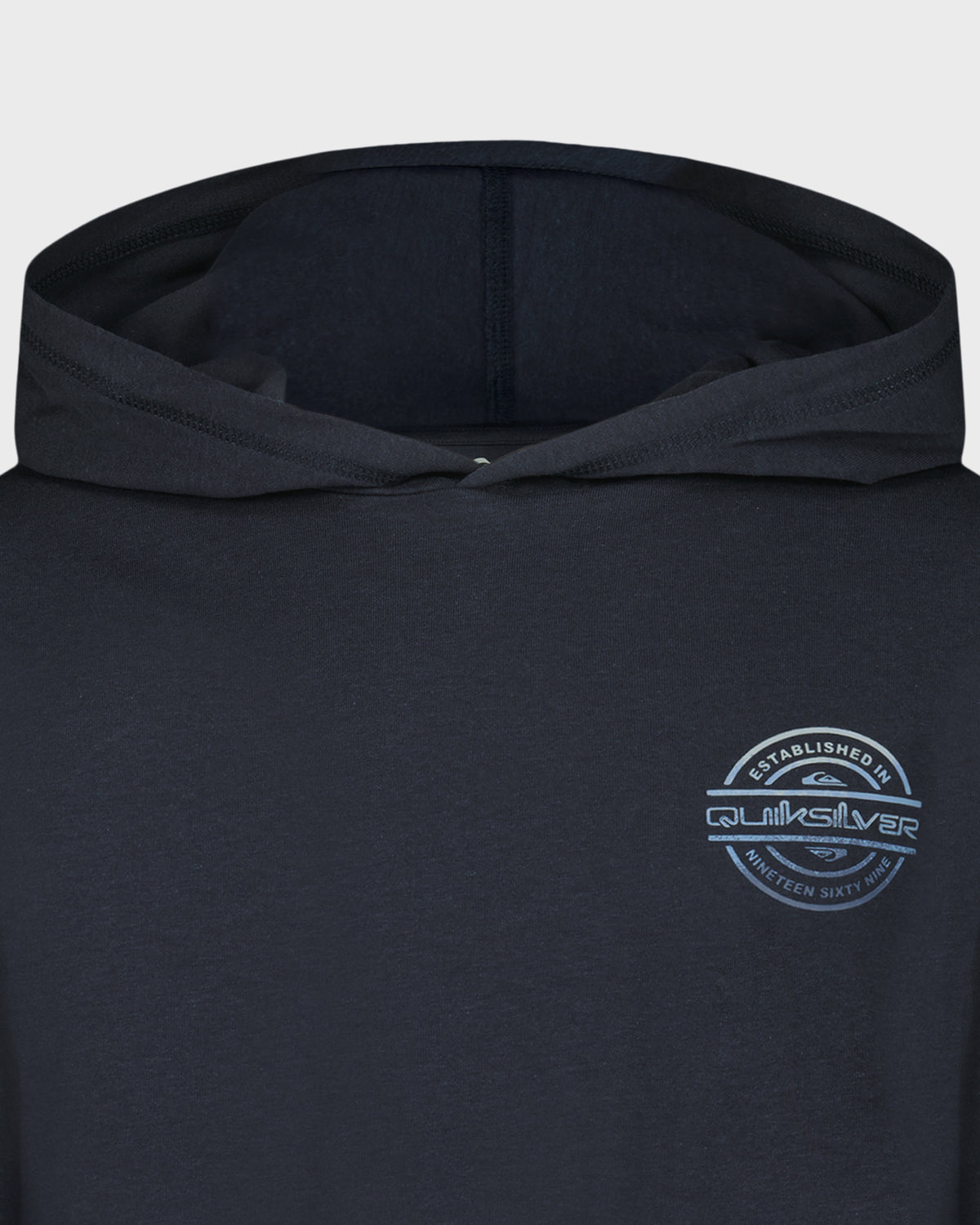 Black hoodie with Quiksilver logo on a light gray background