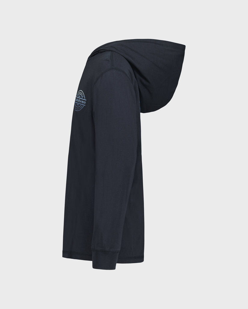 Black hoodie with a logo on the sleeve against a white background