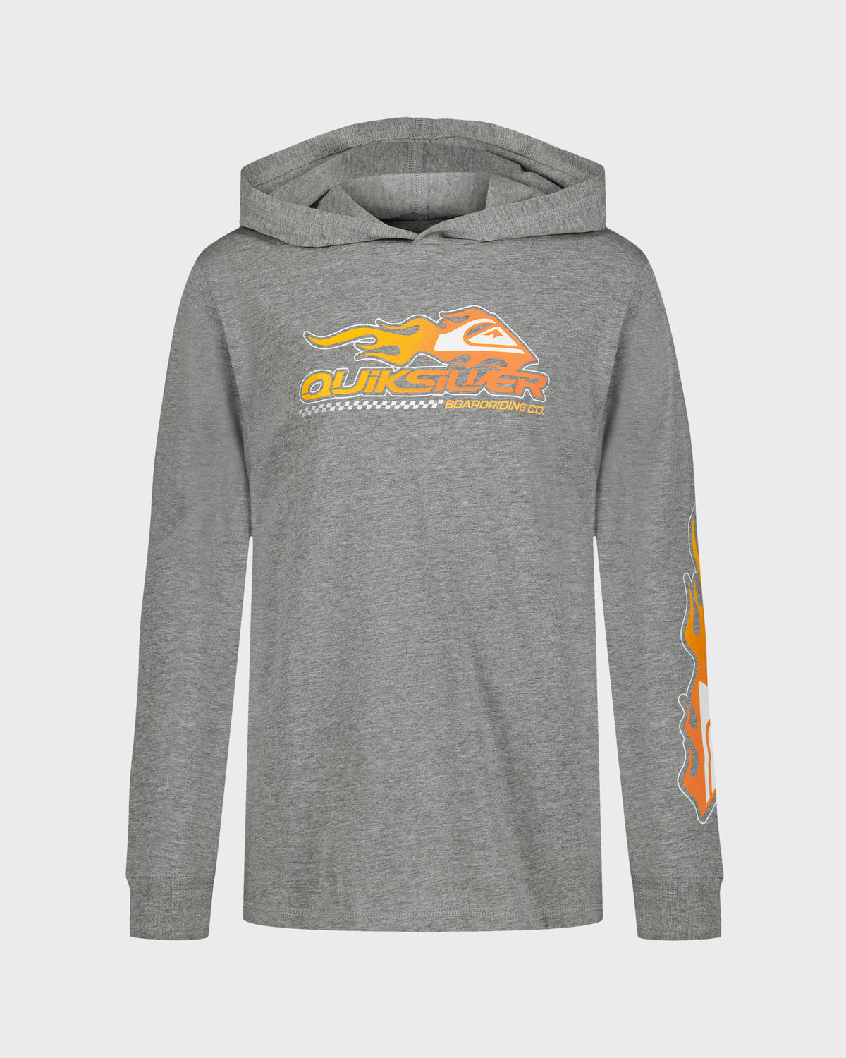 Gray hoodie with orange and yellow logo on a white background