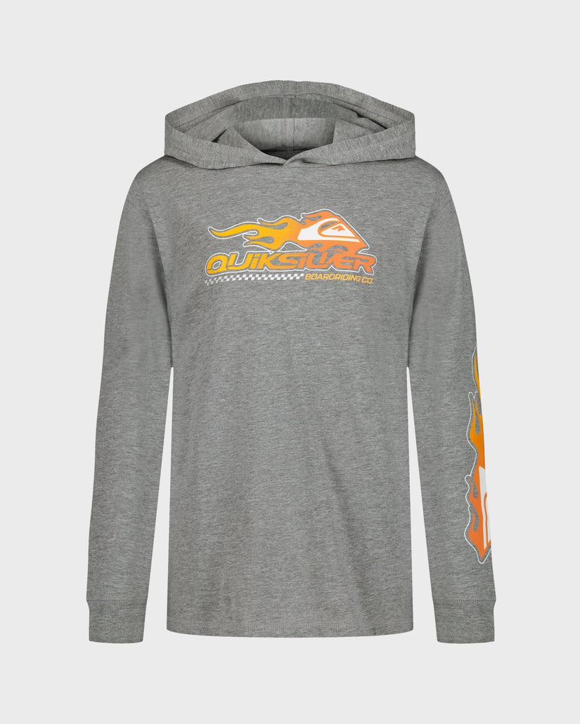 Gray hoodie with orange and yellow logo on a white background