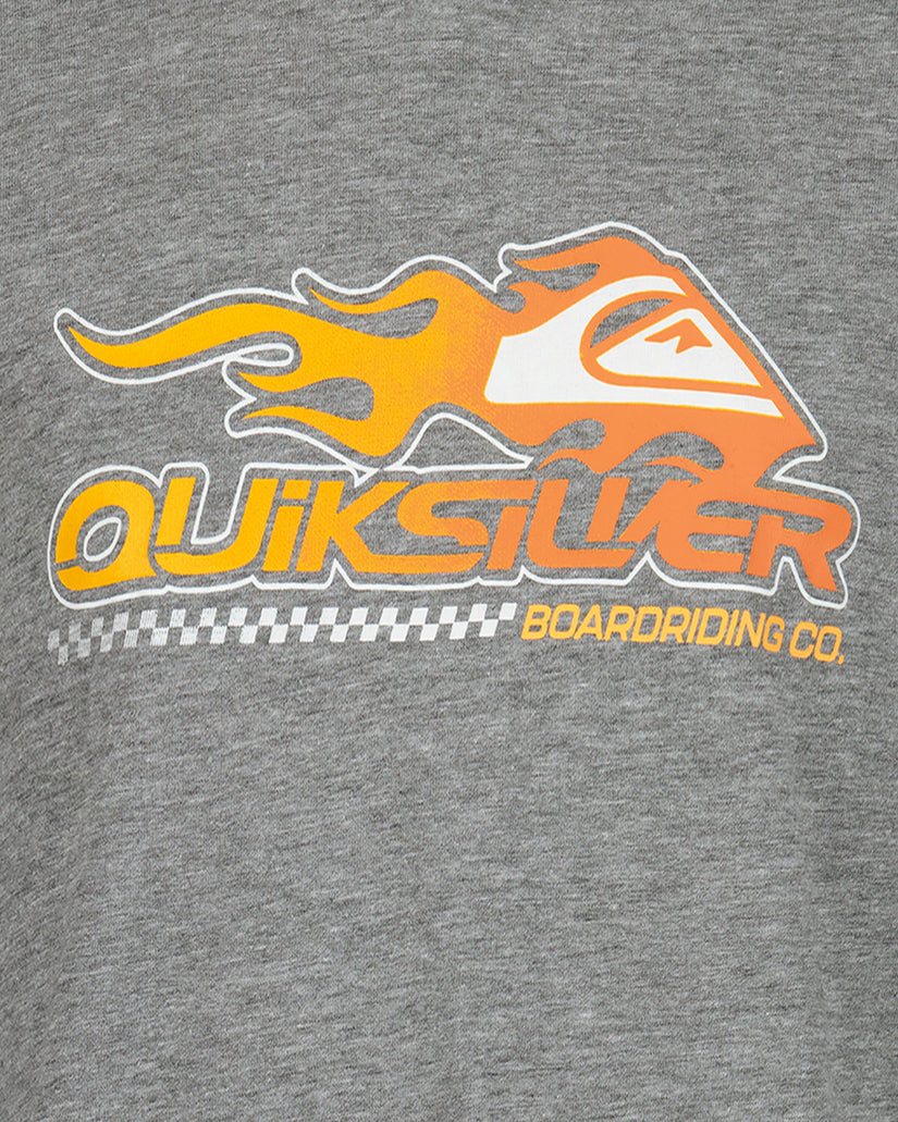 Gray t-shirt with Quiksilver logo featuring an orange flame design on a gray background