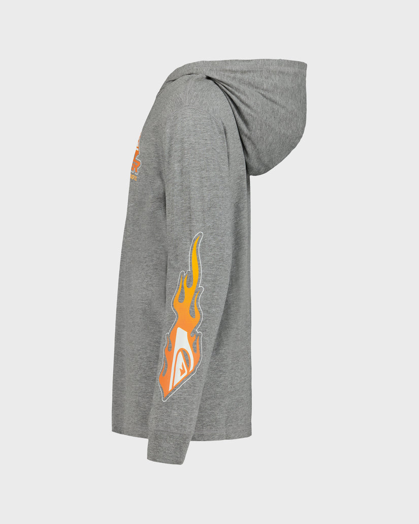 Gray sweatshirt with orange graphic design on a white background