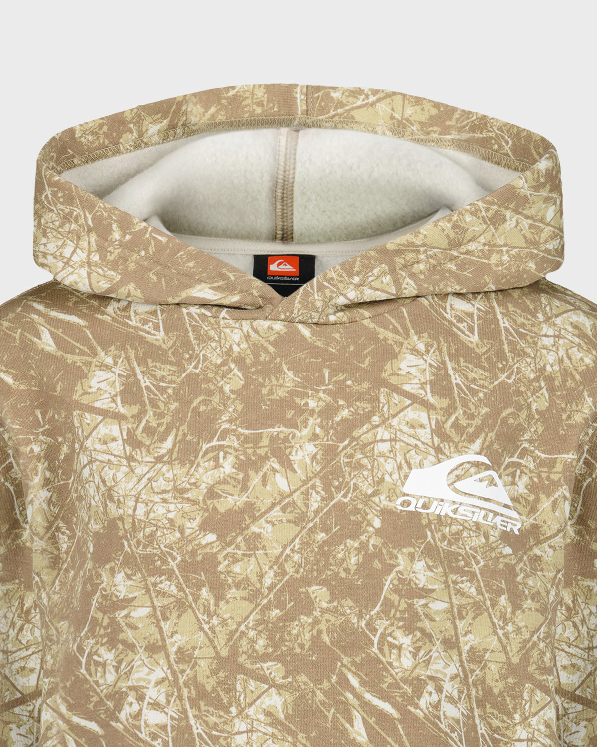 Camouflage hoodie with a brand logo on a white background