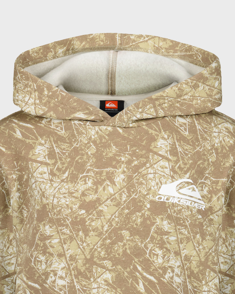 Camouflage hoodie with a brand logo on a white background