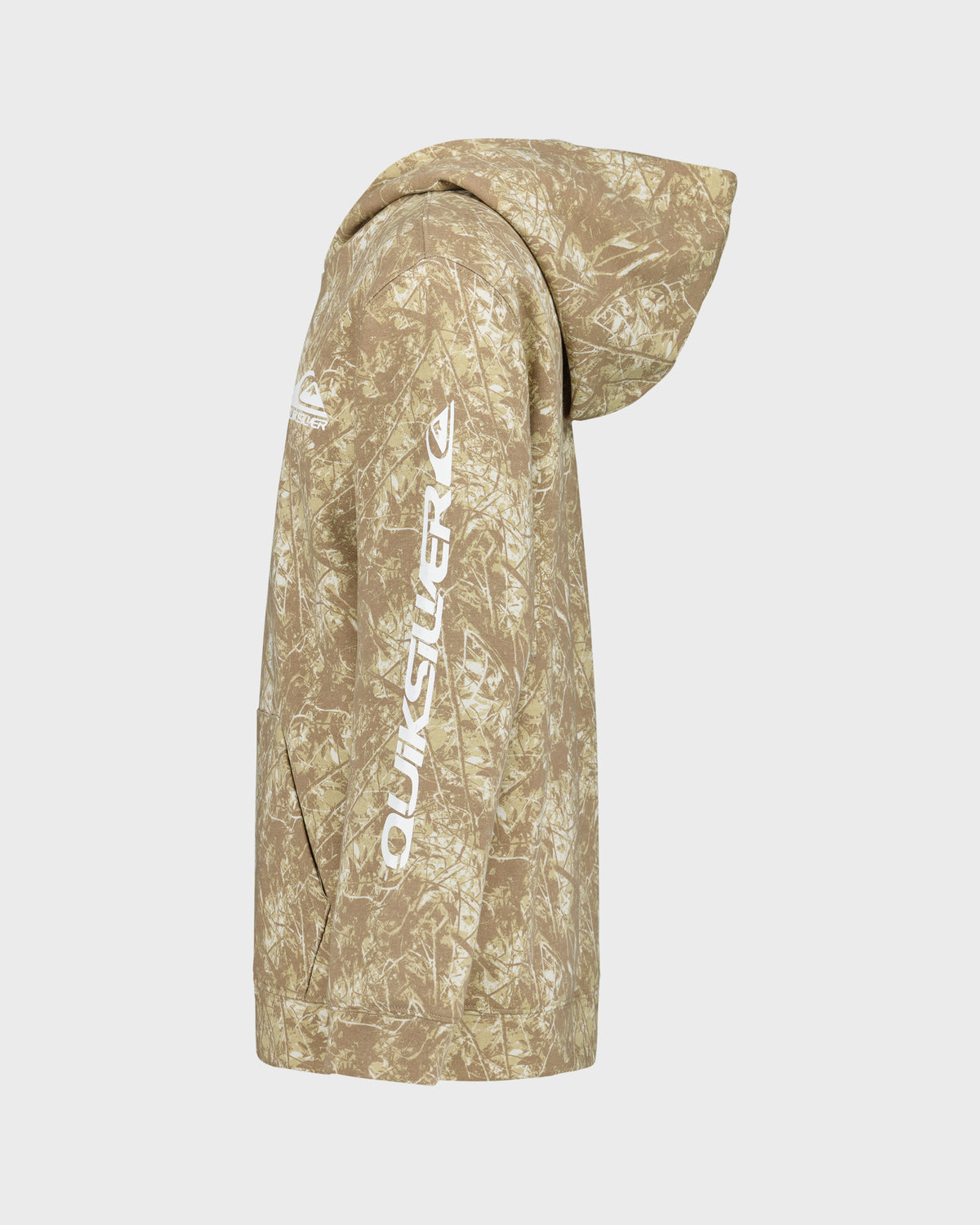Beige hoodie with a floral pattern and Quiksilver logo on a white background