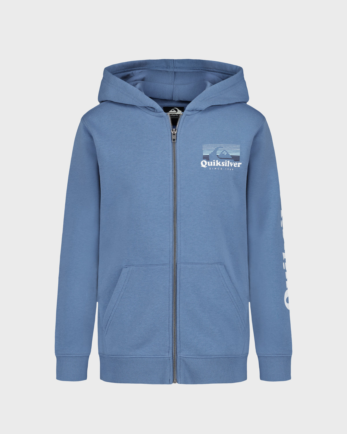 Blue hoodie with Quiksilver logo on a light gray background